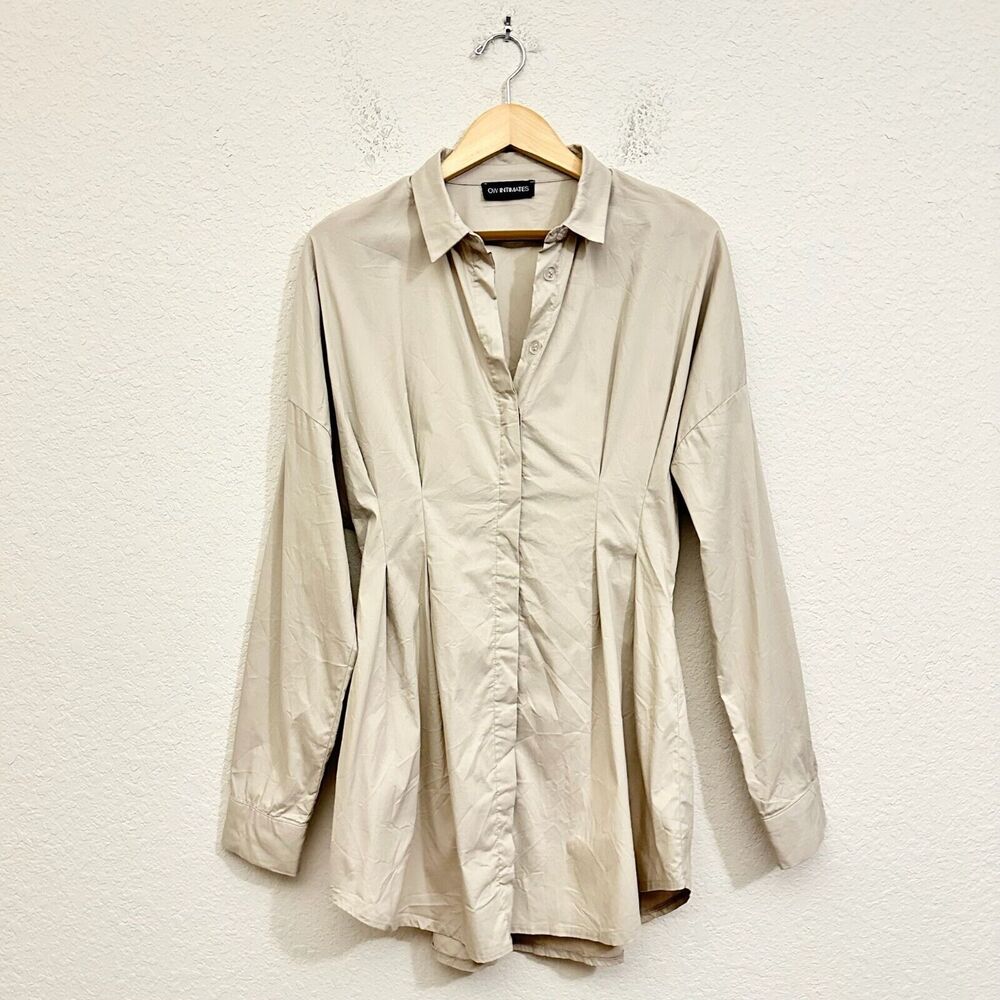 OW INTIMATES Ella Shirt Dress Beige Mini Long Sleeve Pleated Preppy